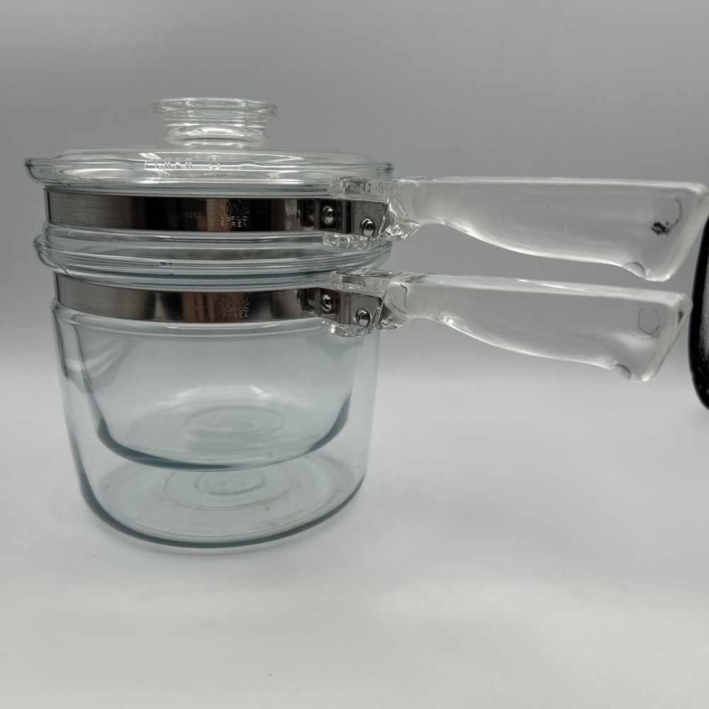 Vintage Flameware PYREX Glass Double Boiler 1.5 Qt #6283 Complete 3 Piece Set